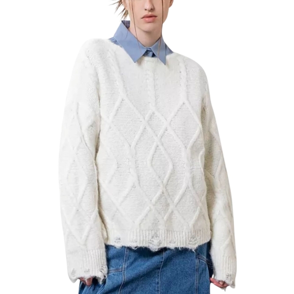 Moon River Ivory Wool Blend Crewneck Cable Knit Destructed Sweater Womens XS/S - Picture 1 of 13